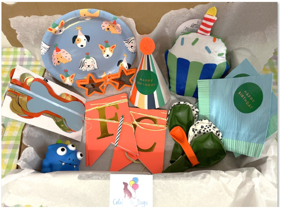 The Doggy Fiesta Box - caja festiva con platos de perritos, gorrito, cupcake de peluche y accesorios en azul y naranja